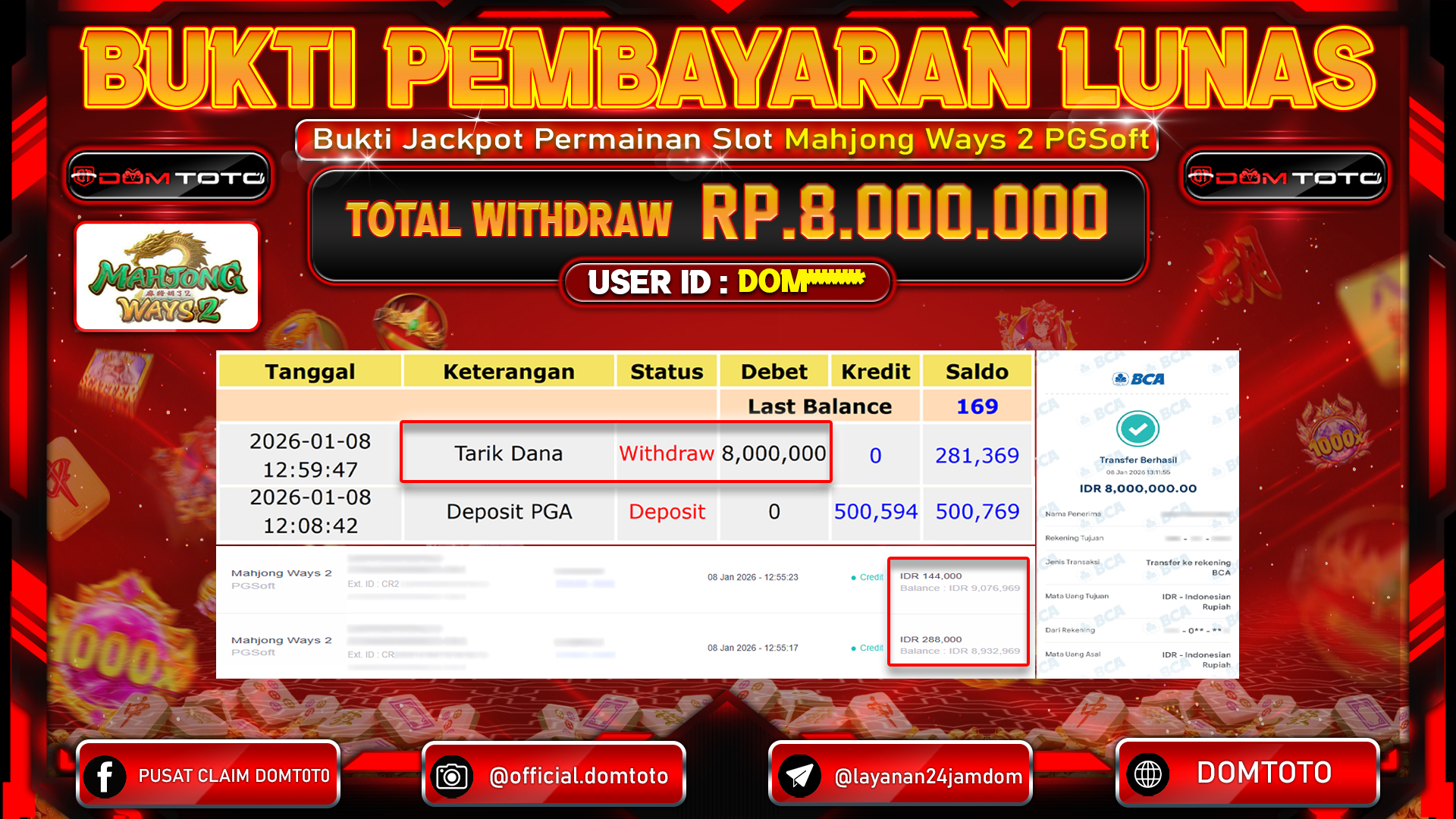 JACKPOT Slot Mahjong Ways 2 PGSoft 8 JANUARI 2026